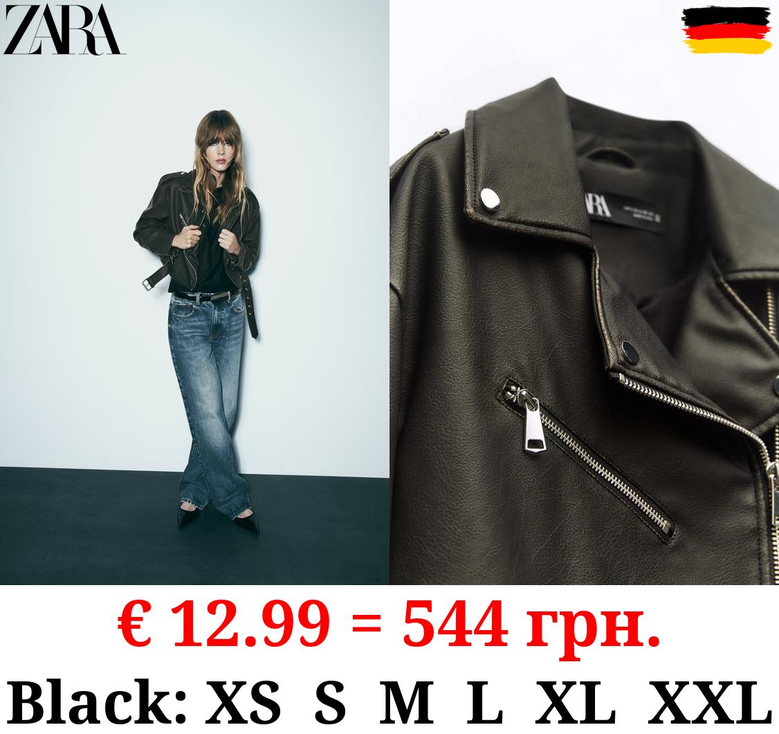 WORN EFFECT CROPPED LEATHER EFFECT BIKER JACKET