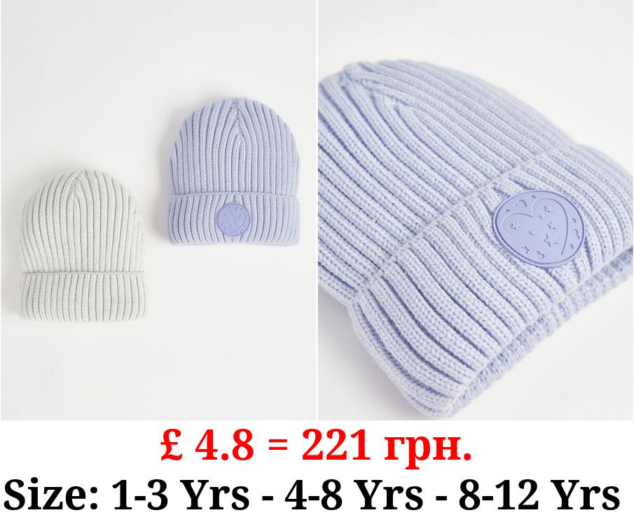 Assorted Ribbed Heart Badge Beanie 2 Pack