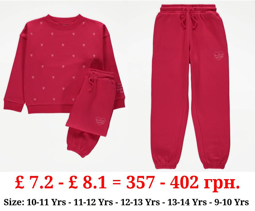 Red Heart Embroidered Sweatshirt and Joggers Outfit