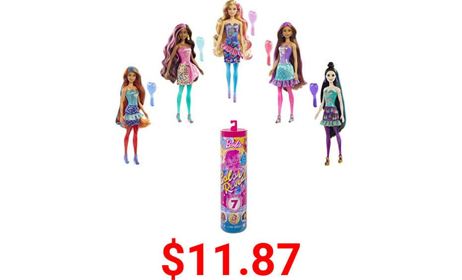 Barbie Color Reveal Doll with 7 Surprises: 4 Bags Contain Skirt, Shoes, Earrings & Brush; Water Reveals Confetti-Print; Doll’s Look & Color Change on Hair & Face; Party Series [Styles May Vary]