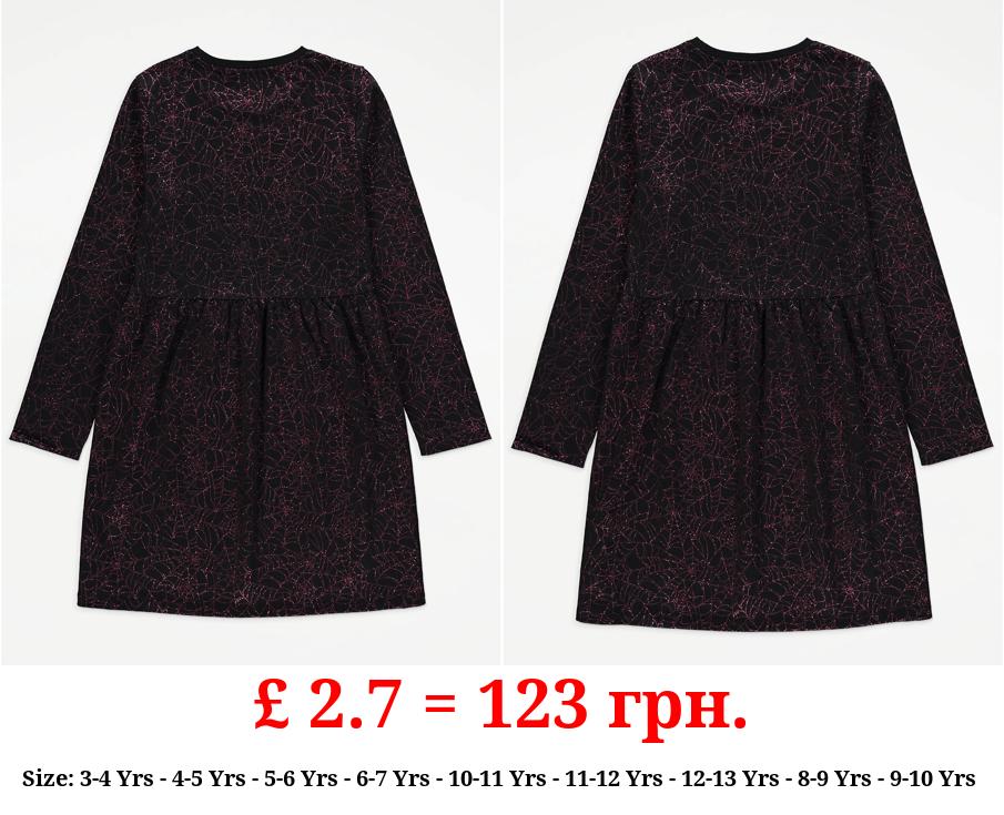 Halloween Glitter Spider Web Print Long Sleeve Dress