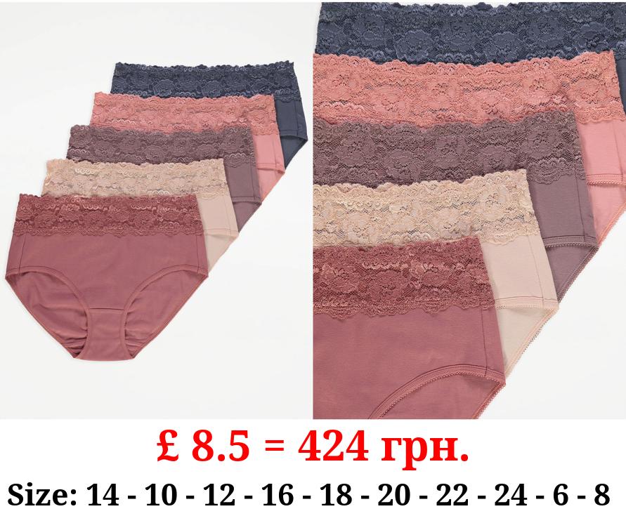 Lace Trim Midi Brief Knickers 5 Pack