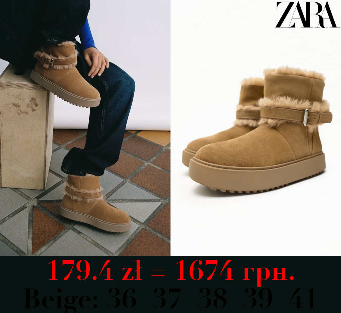 FLAT LEATHER ANKLE BOOTS WITH FAUX FUR