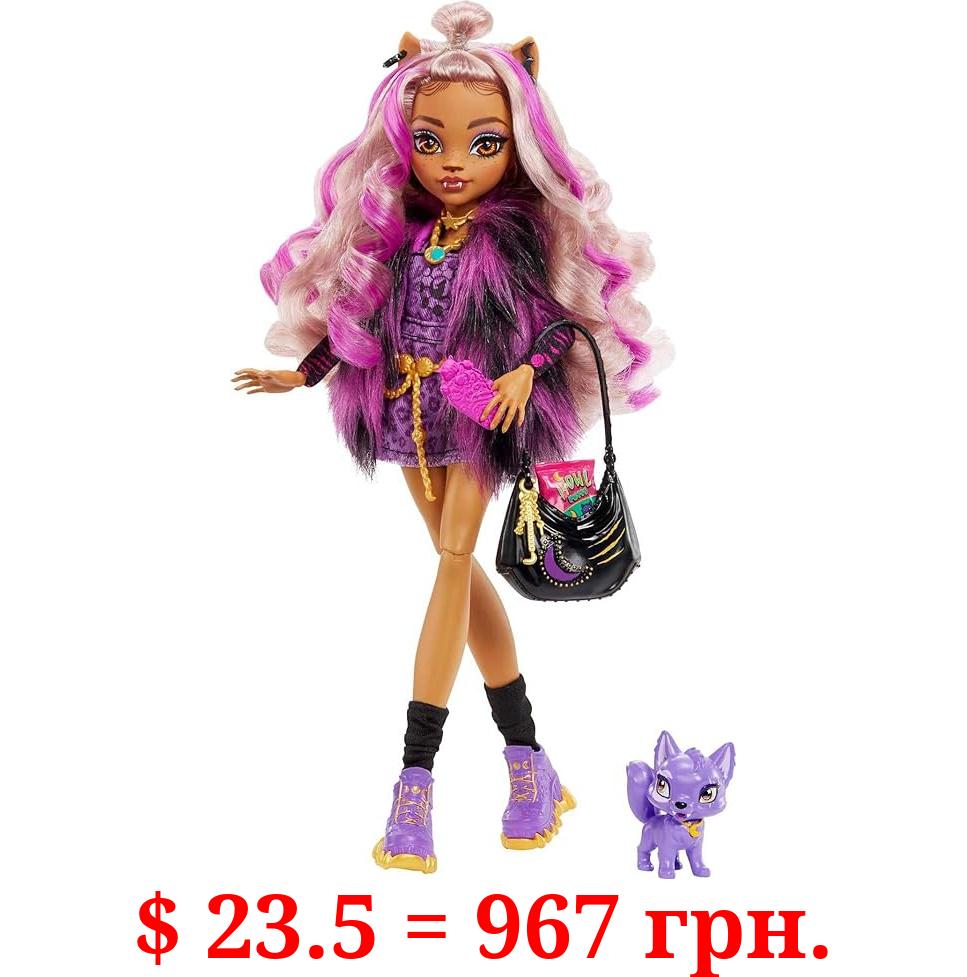 Monster High Doll, Clawdeen Wolf with Purple Streaked Hair in Signature Look with Fashion Accessories & Pet Dog Crescent