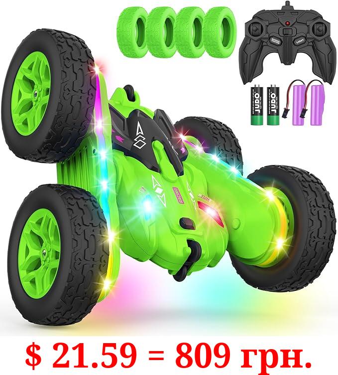 Terucle Remote Control Car, Rc Cars Stunt Car Toys New Upgraded Strip Lights and Headlights Car Toys Double-Sided 360° Rotating 4WD Rc Drift Truck for Boys Girls Birthday Gift (Green)