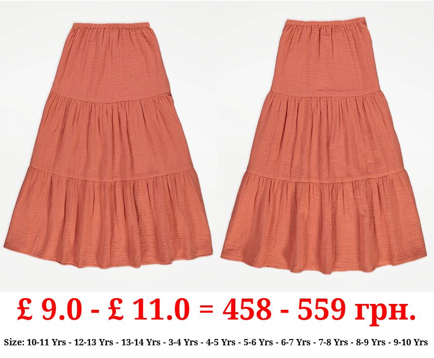 Rust Double Cloth Tiered Maxi Skirt