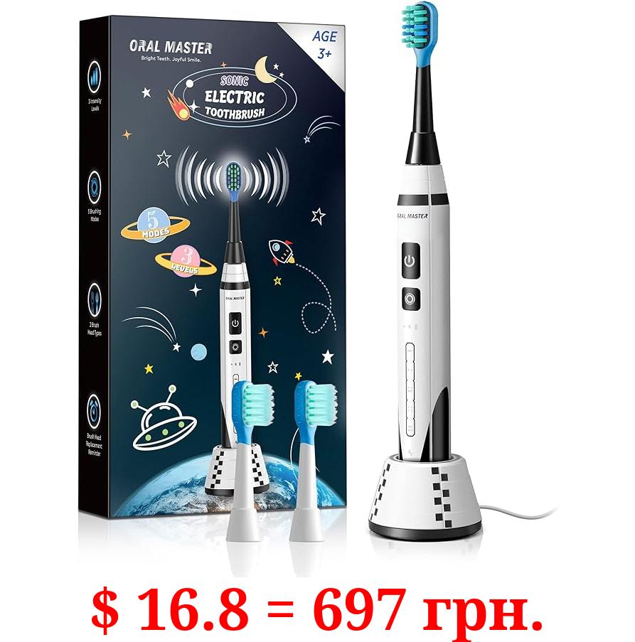 ORAL MASTER Kids Electric Toothbrush with Sonic Motor, 5 Cleaning Modes, Smart Timer, Rechargeable Wireless Charging, Soft Bristle Replacement Brush Heads for Ages 3 and Up