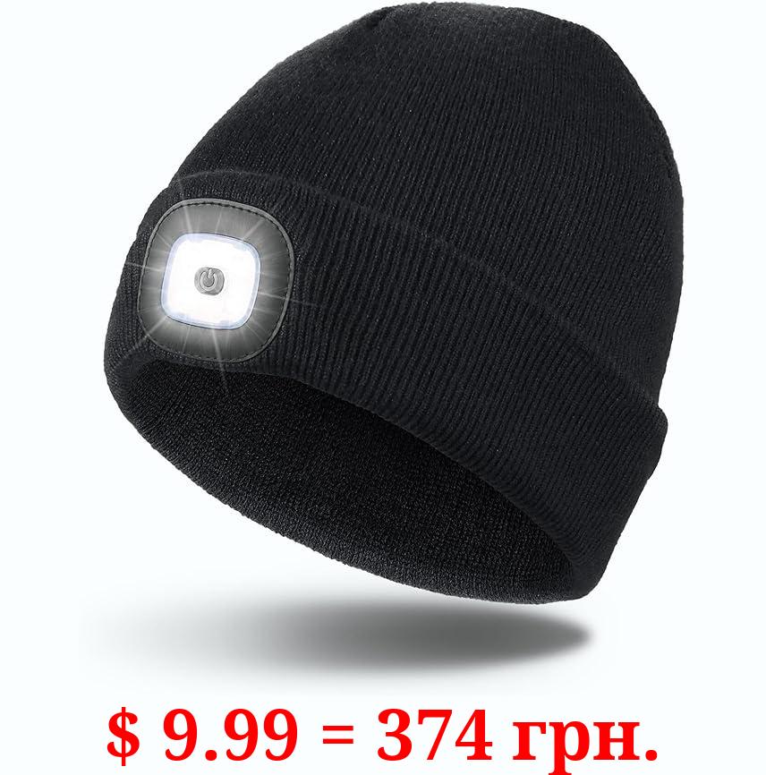 Hatlight Unisex LED Beanie with Light, USB Rechargeable Flashlight Knitted LED Hat Headlamp Cap, Christmas Stocking Stuffers Gifts for Men Husband Dad Black