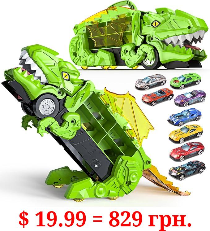 Transporter Dinosaur Truck Toy with 8 Diecast Racing Cars, Monster Truck Carrier Set Transforms into Dino with Race Track, Toddler Toys Gifts for Kids Boys Girls Ages 3 4 5 6 7 8 Years Old Green