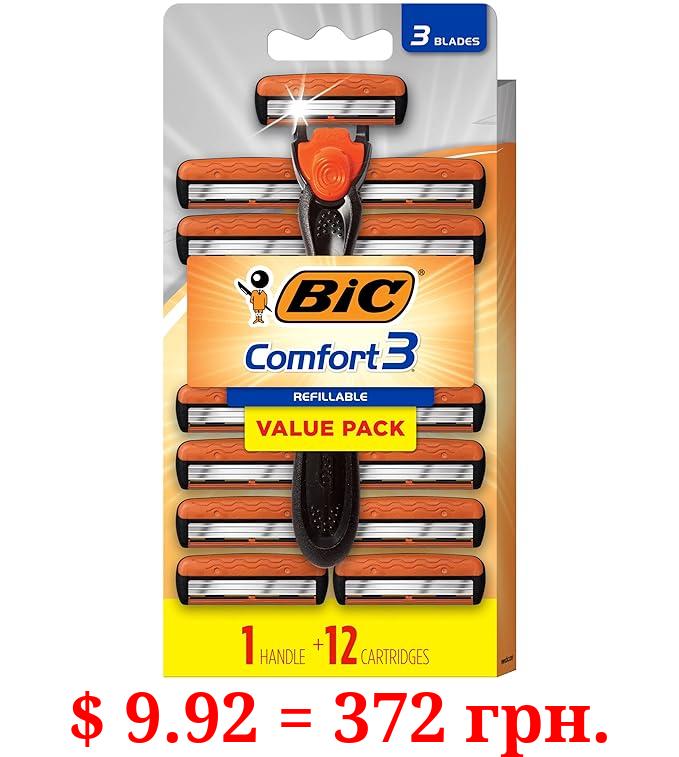 BIC Comfort 3 Refillable Three-Blade Disposable Razors for Men, Sensitive Skin Razor for a Comfortable Shave, 1 Handle and 12 Cartridges With 3 Blades, 13 Piece Razor Kit