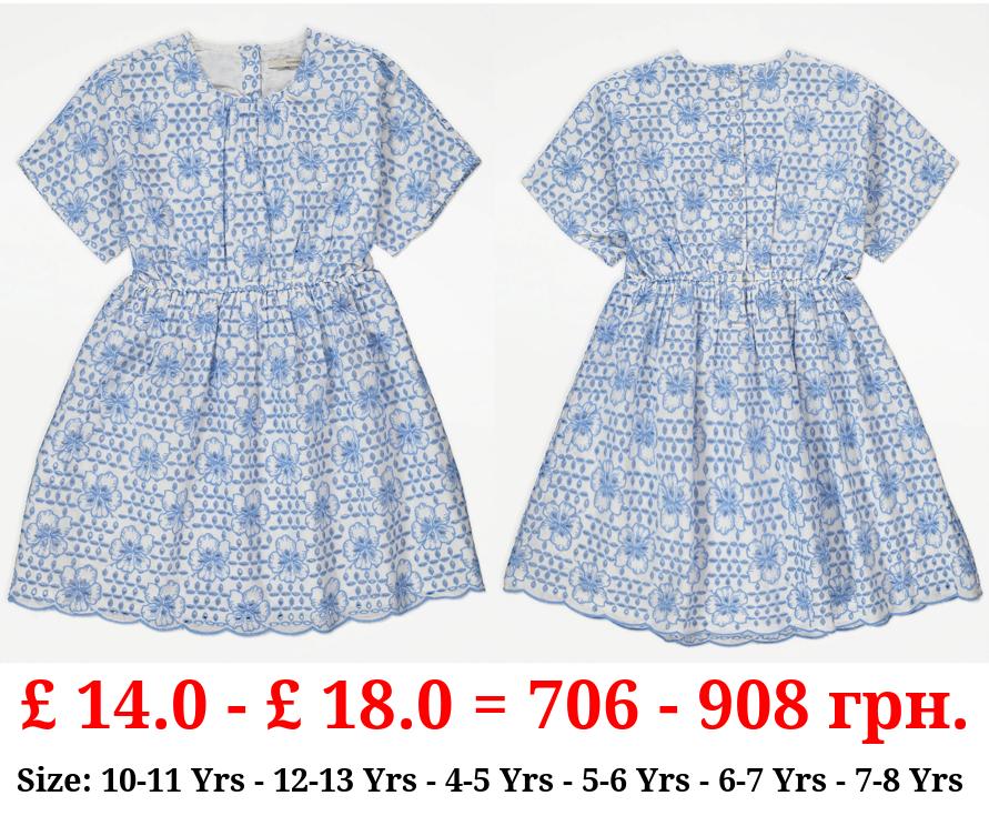 Blue Broderie Scalloped Hem Dress