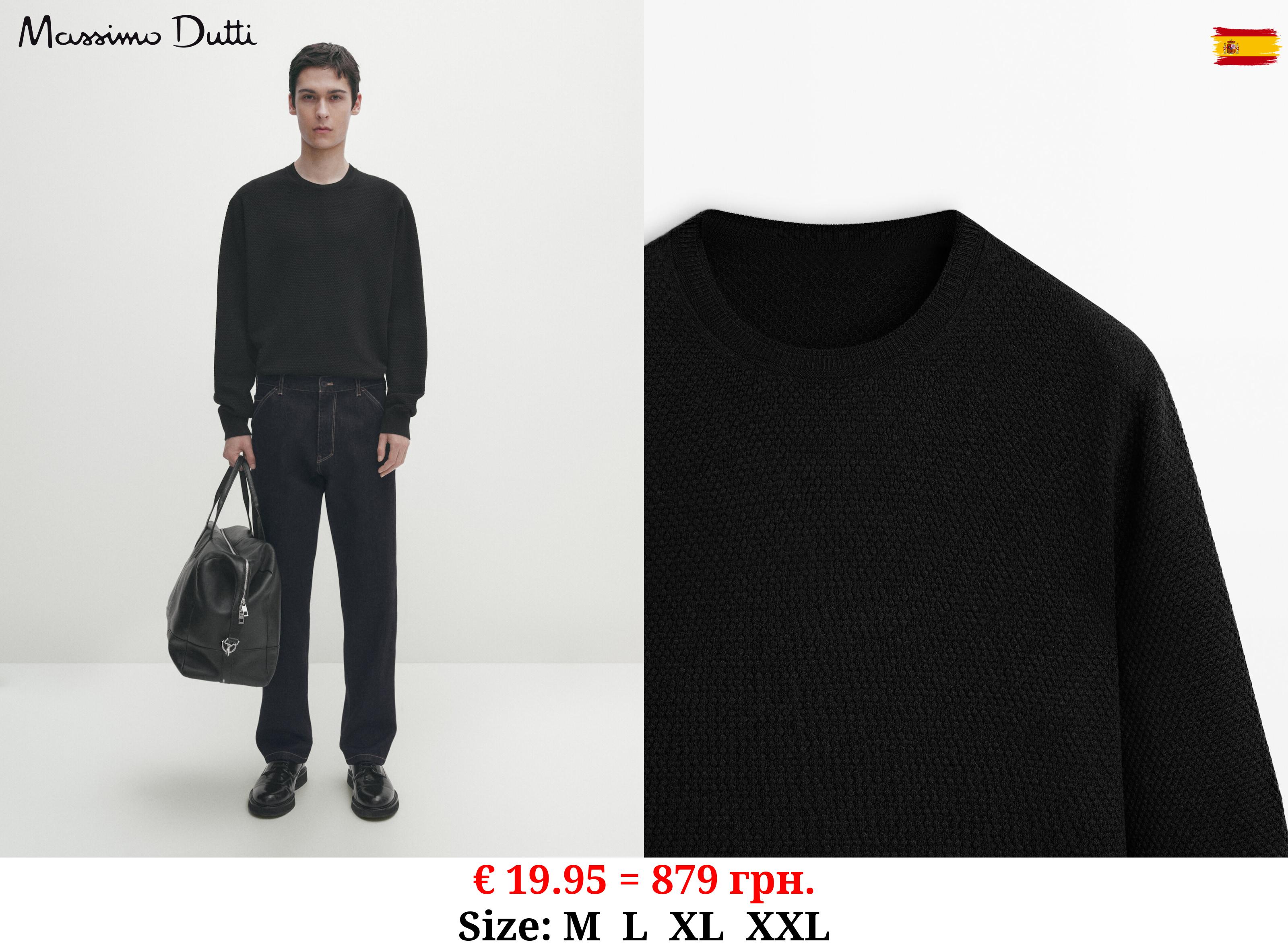 Textured knit crew neck sweater BLACK