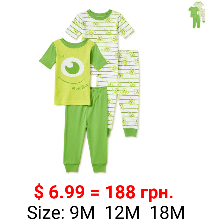Monsters Inc. Toddler Boys Snug Fit Cotton Short Sleeve T-Shirt & Pants, 4-Piece Pajama Set, Sizes 9M-24M