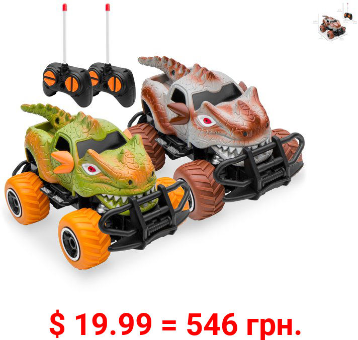 Best Choice Products Set of 2 1/43 Scale 27MHz Toy Dinosaur RC Cars w/ 2 Controllers, 9mph Max Speed