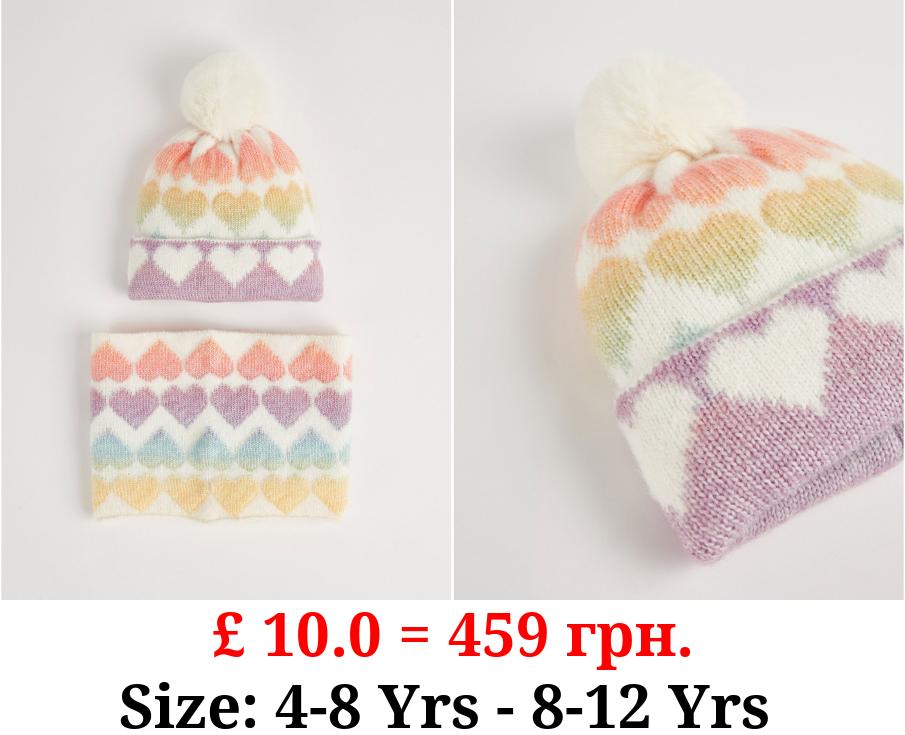 Rainbow Heart Bobble Hat and Snood 2 Piece Set
