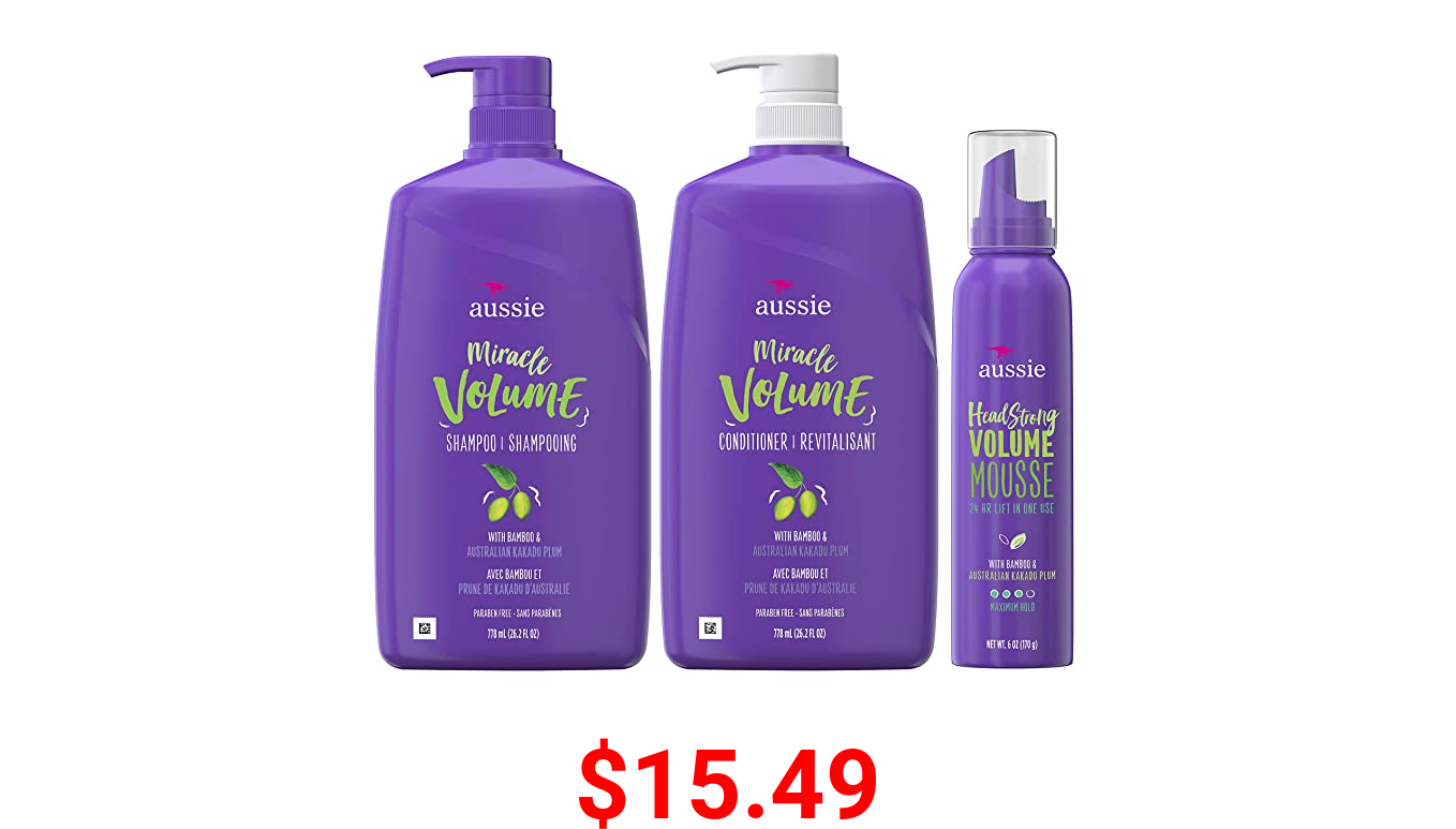 Aussie Miracle Volume Shampoo, Conditioner and Mousse Bundle, Infused with Kakadu Plum & Bamboo, Paraben & Sulfate Free