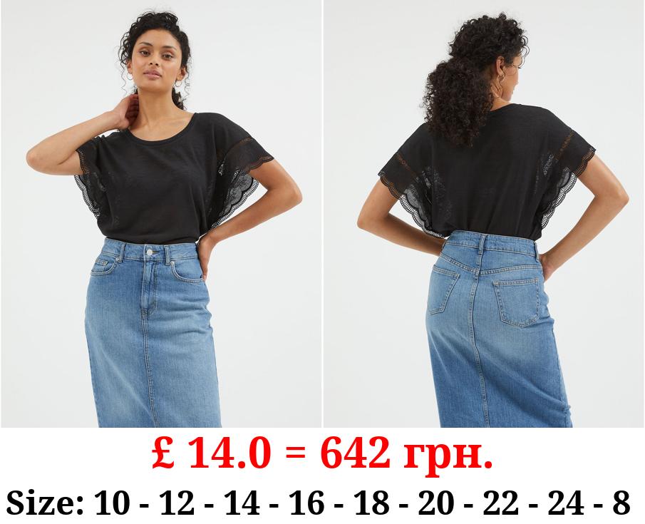 Black Linen Look Embroidery Sleeve Top