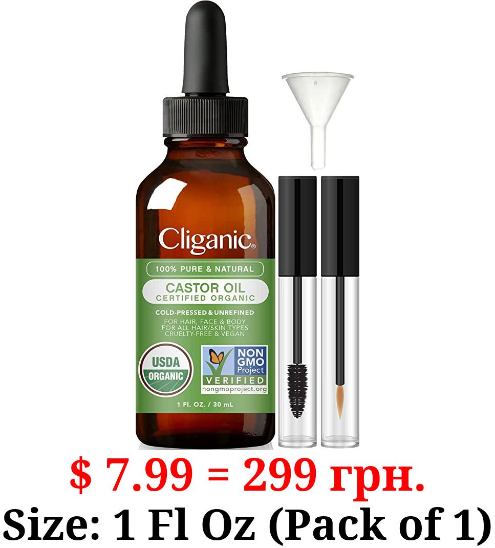 Cliganic Organic Castor Oil, 100% Pure (1oz with Eyelash Kit) - For Eyelashes, Eyebrows, Hair & Skin