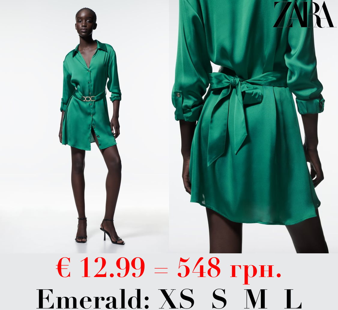 BELTED SATIN SHIRT DRESS