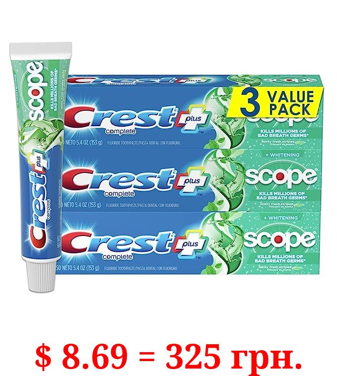 Crest + Scope Complete Whitening Toothpaste, Minty Fresh, 5.4 Oz (Pack of 3)