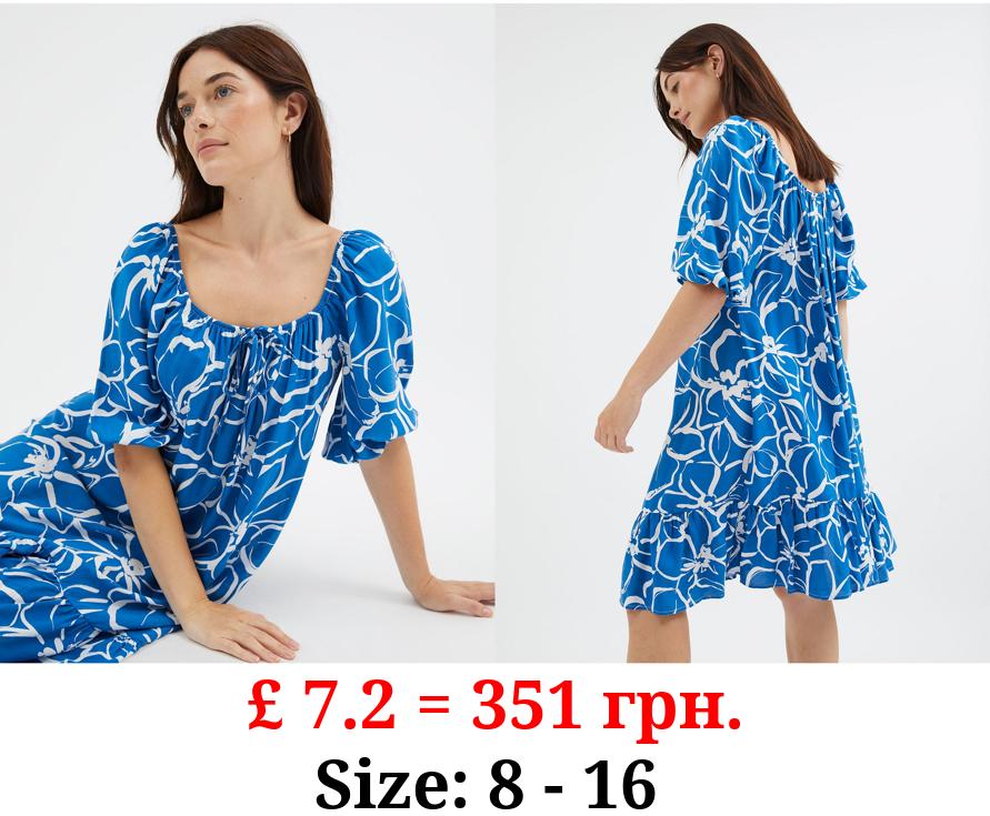 Blue Shirred Neck Floral Mini Dress