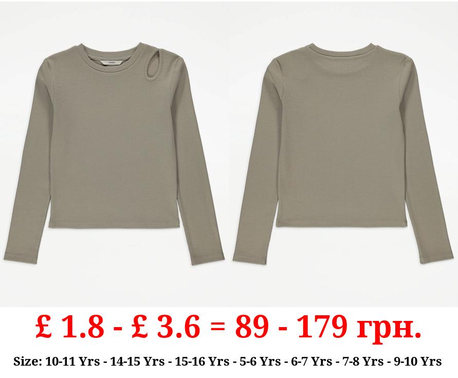 Shoulder Cut Out Khaki Ribbed Long Sleeve Top