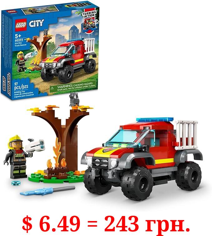 LEGO City 4x4 Fire Engine Rescue Truck 60393, Toy for 5 Plus Year Old Boys & Girls, Set with Water Element Launcher, Firefighter Minifigure and Cat Figure