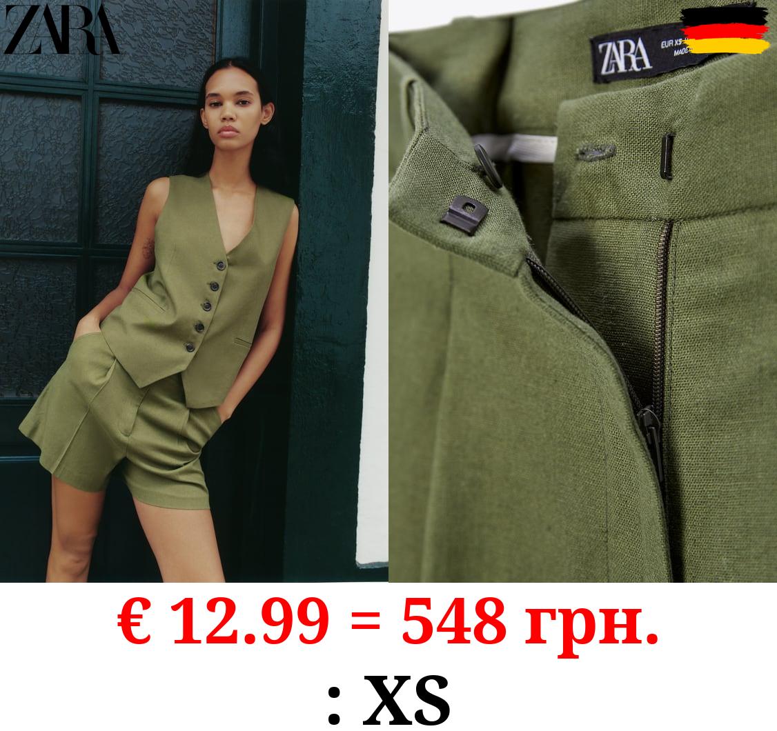 LINEN BLEND HIGH-WAIST BERMUDA SHORTS