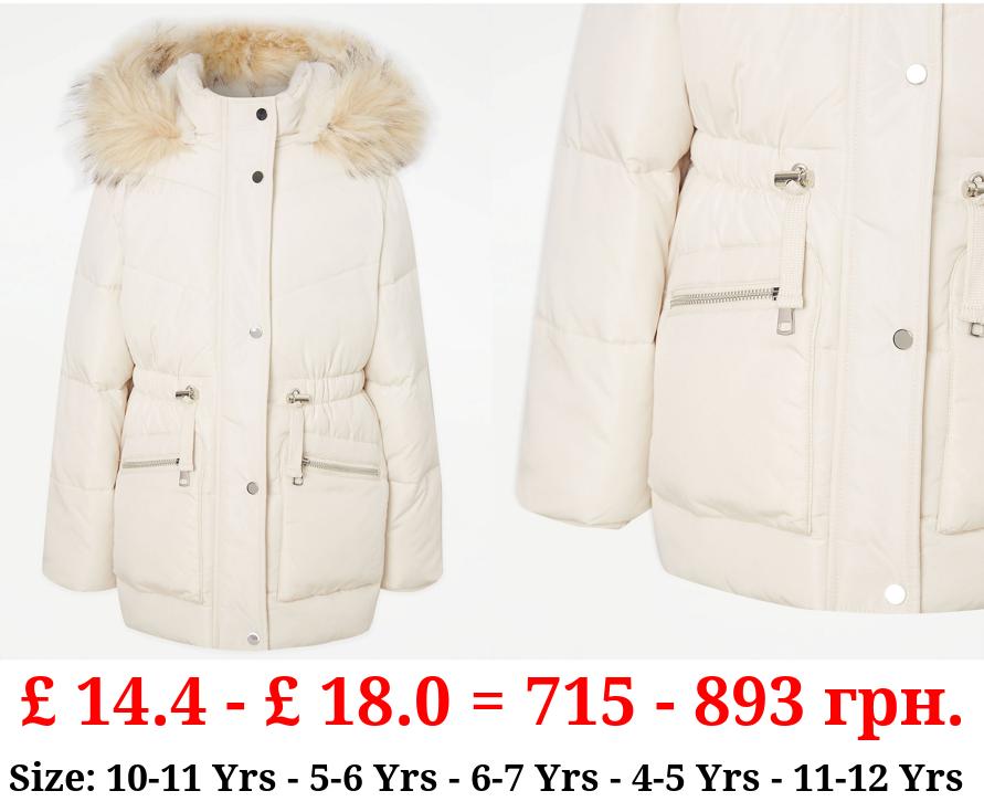 Cream Faux Fur Trim Parka Coat