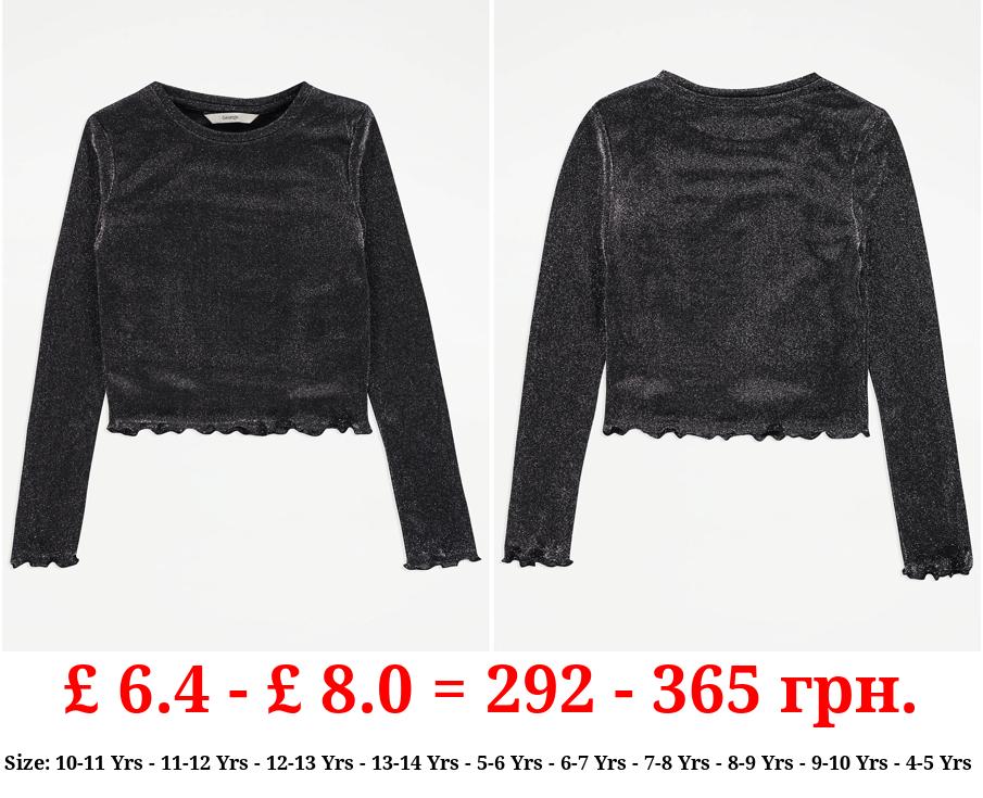 Black Glitter Mesh Long Sleeve Top