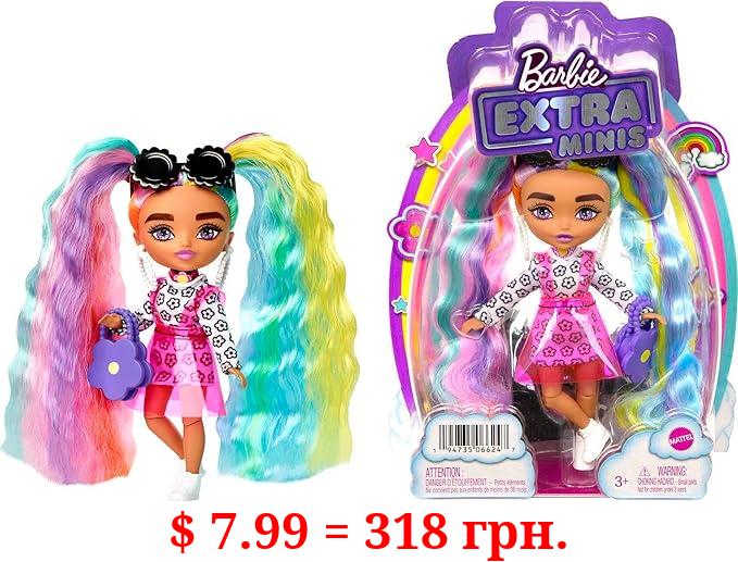 Barbie Extra Minis Doll #6 (5.5 in) with Rainbow Hair, Wearing Flower Print Dress, with Doll Stand & Accessories Including Sunglasses and Purse, Gift for Kids 3 Years Old & Up​