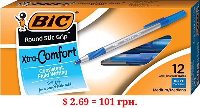 BIC Round Stic Grip Xtra Comfort Ballpoint Pen, Medium Point (1.2mm), Blue, 12-Count