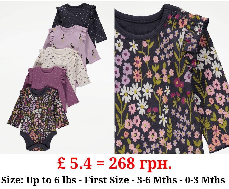 Purple Floral and Spot Frill Bodysuits 5 Pack