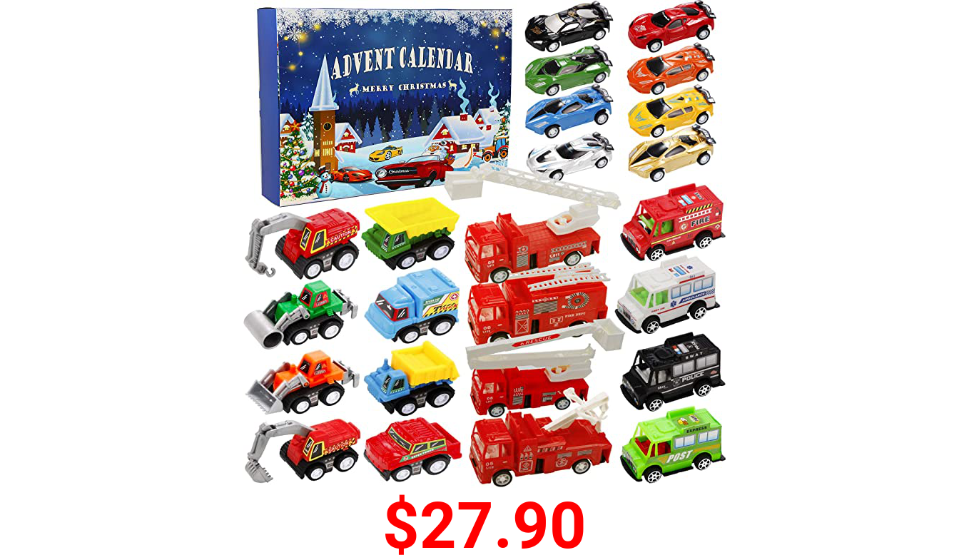 AMAZING TIME Christmas Advent Calendar 2021 Cars Toy Set Contains 24 Pack Different Construction Vehicles, Race Car, Police Car, Truck for Boys and Girls Countdown Gift