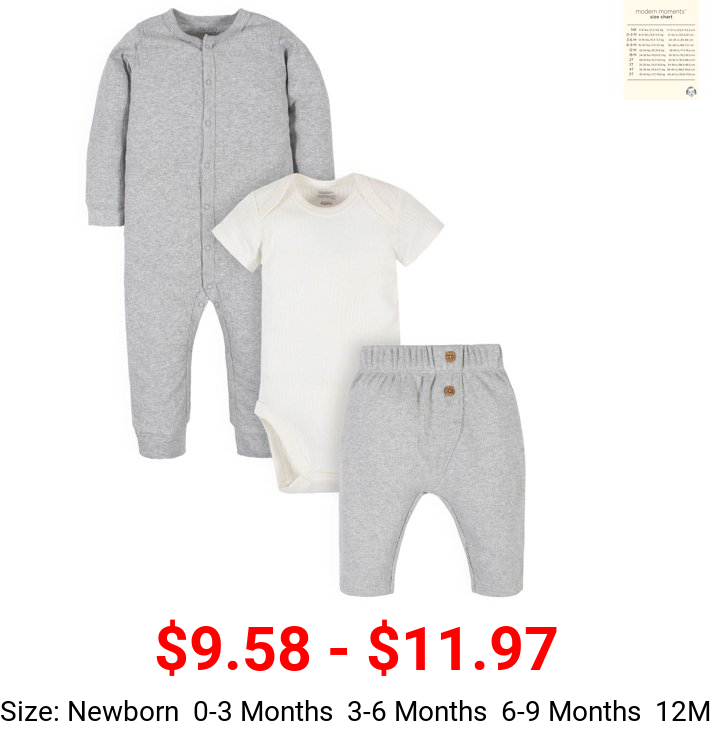 Modern Moments by Gerber Organic Baby Boy Onesies Bodysuit, Coveralls, and Pants Set, 3-Piece