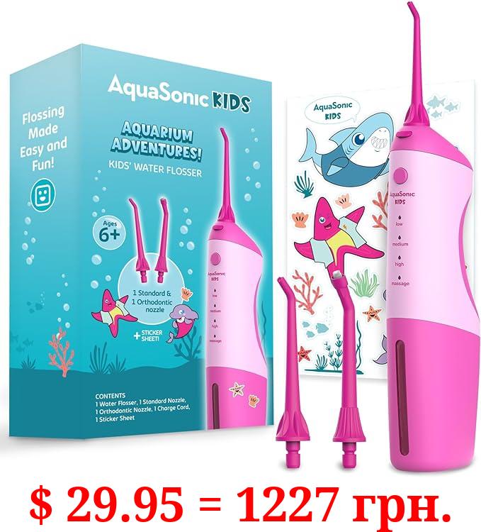 AquaSonic Kids' Water Flosser for Ages 6+ | Standard Nozzle, Orthodontic Nozzle & Waterproof Stickers | 4 Flossing Modes | Aquarium Adventures Theme (Pink)