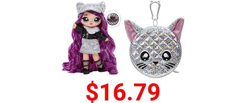 Na Na Na Surprise Glam Series Chrissy Diamond Fashion Doll & Metallic Cat Purse, Purple Hair, Cute Kitty Ear Hat Outfit & Accessories, 2-in-1 Gift for Kids, Toy for Girls & Boys Ages 5 6 7 8+ Years