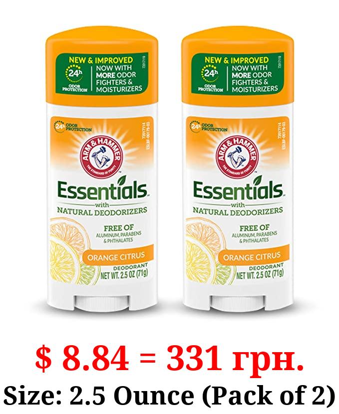 ARM & HAMMER Essentials Deodorant- Orange Citrus- Solid Oval - Made with Natural Deodorizers- Free From Aluminum, Parabens & Phthalates, 2.5 oz (Pack of 2)