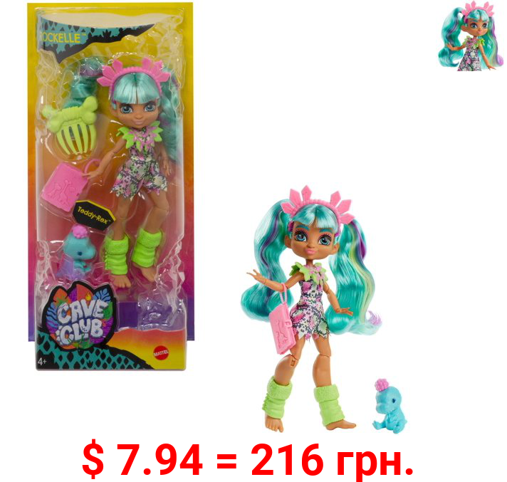 Cave Club Rockelle Doll (Teal Hair) Poseable Prehistoric Fashion Doll with Dinosaur Pet and Accessories, Gift for 4 Year Olds and Up