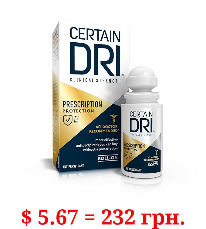 Certain Dri Prescription Strength Clinical Antiperspirant Roll-On Deodorant, Hyperhidrosis Treatment for Men & Women, Unscented, 1.2 Fl oz, 1 Pack