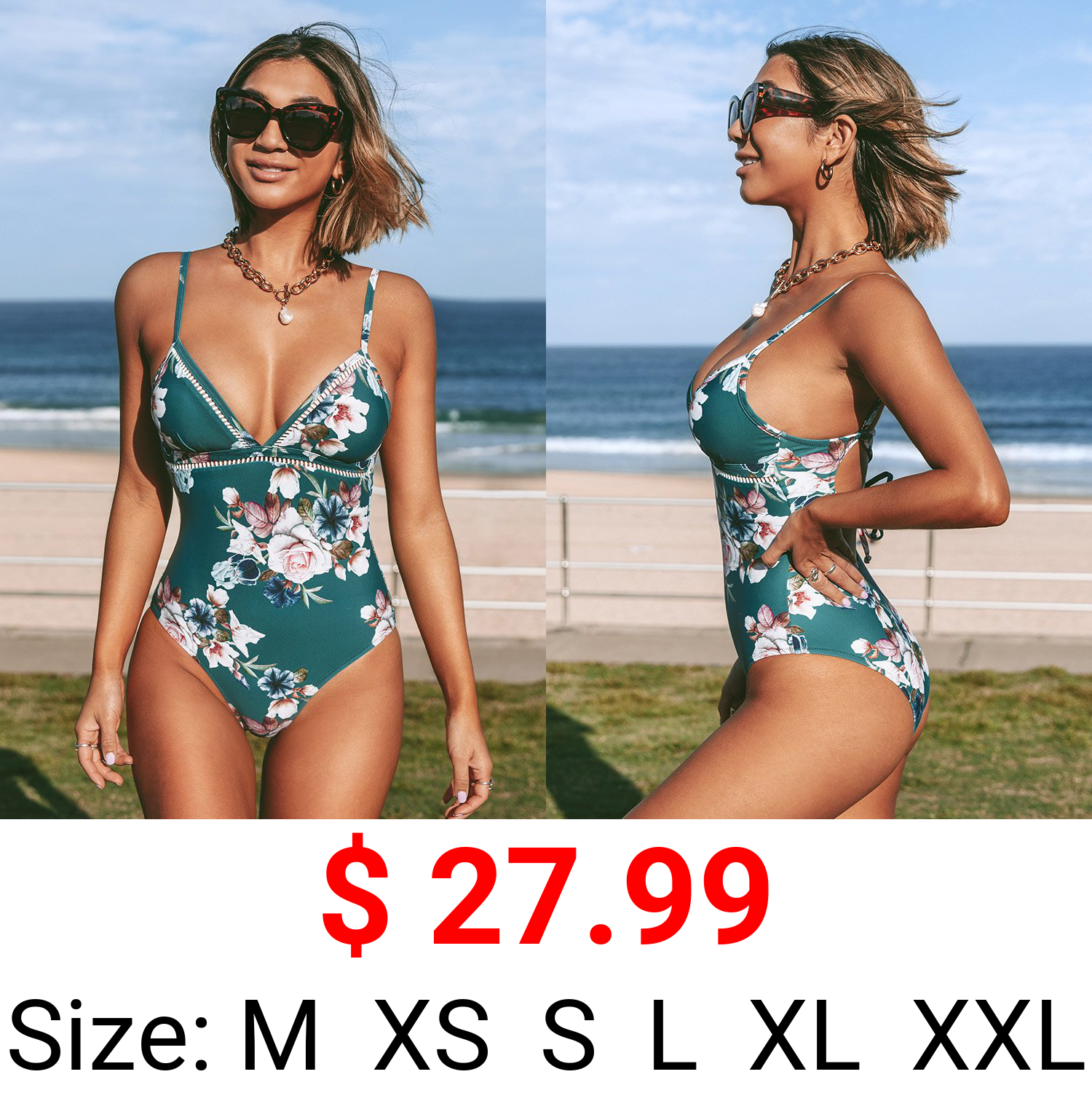 Blue Floral Strappy One Piece Swimsuit