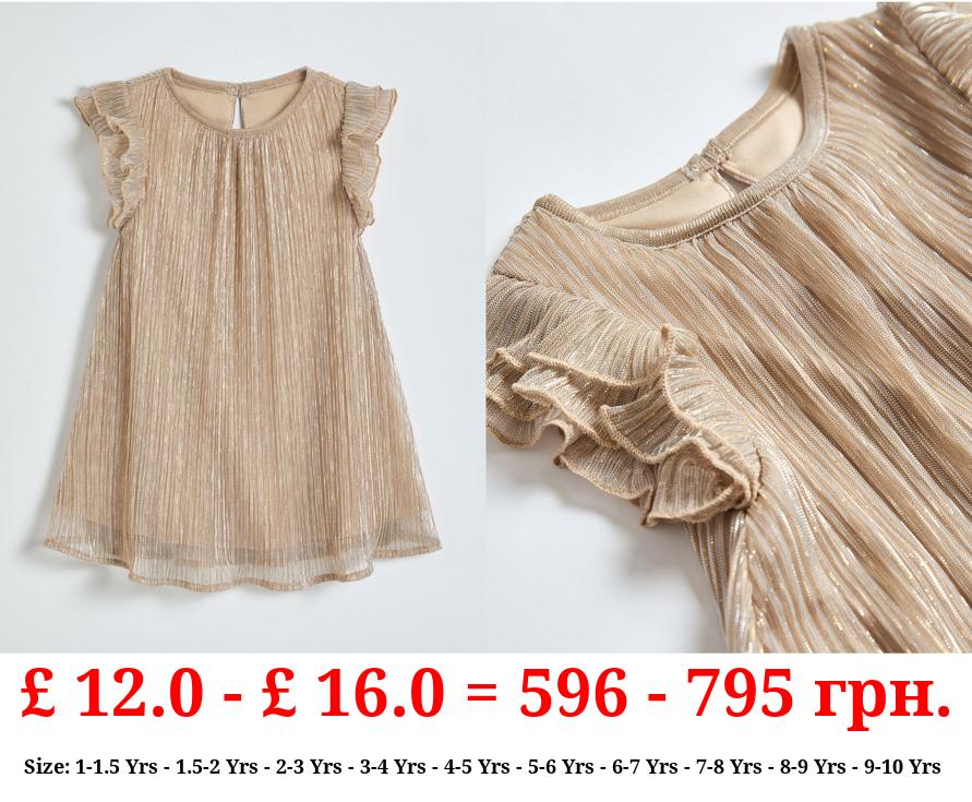 Gold Pleated Frill Sleeve Dress