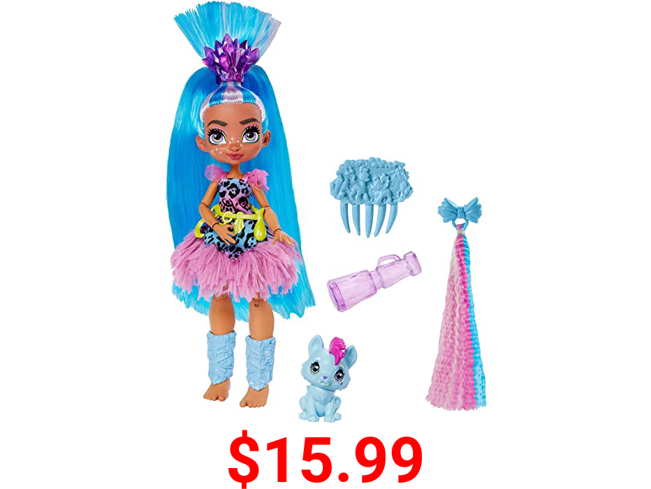 Cave Club Tella Doll (8 – 10-inch, Blue Hair) Poseable Prehistoric Fashion Doll with Dinosaur Pet and Accessories, Gift for 4 Year Olds and Up [Amazon Exclusive]