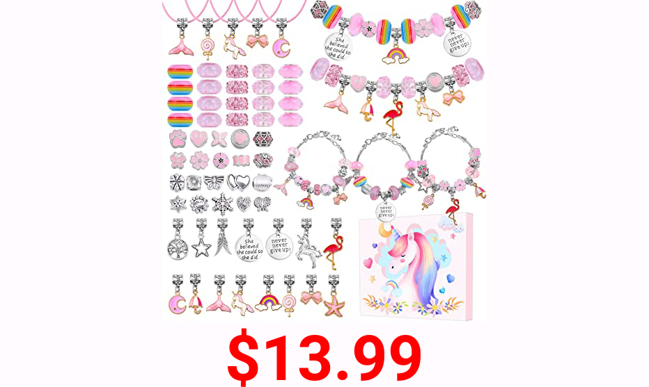 DIY Charm Bracelet Making Kit, Flasoo Jewelry Kit for Teen Girls with Unicorn Mermaid Pink Stuff Craft Gifts for Birthday, Christmas, New Year