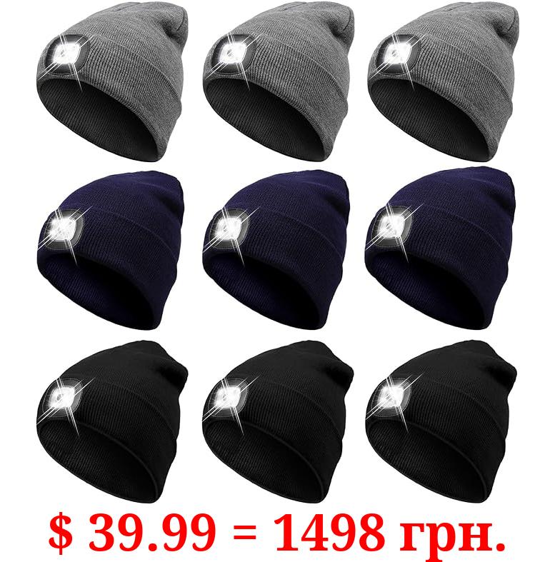 SATINIOR 9 Pieces LED Light Beanie Hat 4 LED Headlamp Hat Unisex Winter Knitted Hat Cap for Running