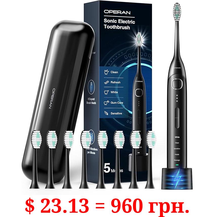 Operan Electric Toothbrush for Adults and Kids Rechargeable Sonic Toothbrush with 5 Modes 2-Min Smart Timer IPX7 Waterproof 40,000 VPM Motor with 8 Brush Heads & Travel Case (Black)