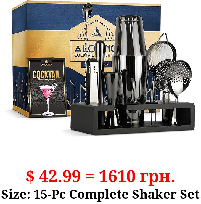 15-Piece Black Boston Cocktail Shaker Set Bartender Kit | Drink Mixer Bar Set with Stand & Recipe Book | Cocktail Set Bar Accessories: Martini Shaker, Strainer, Jigger, Muddler, Spoon, & More