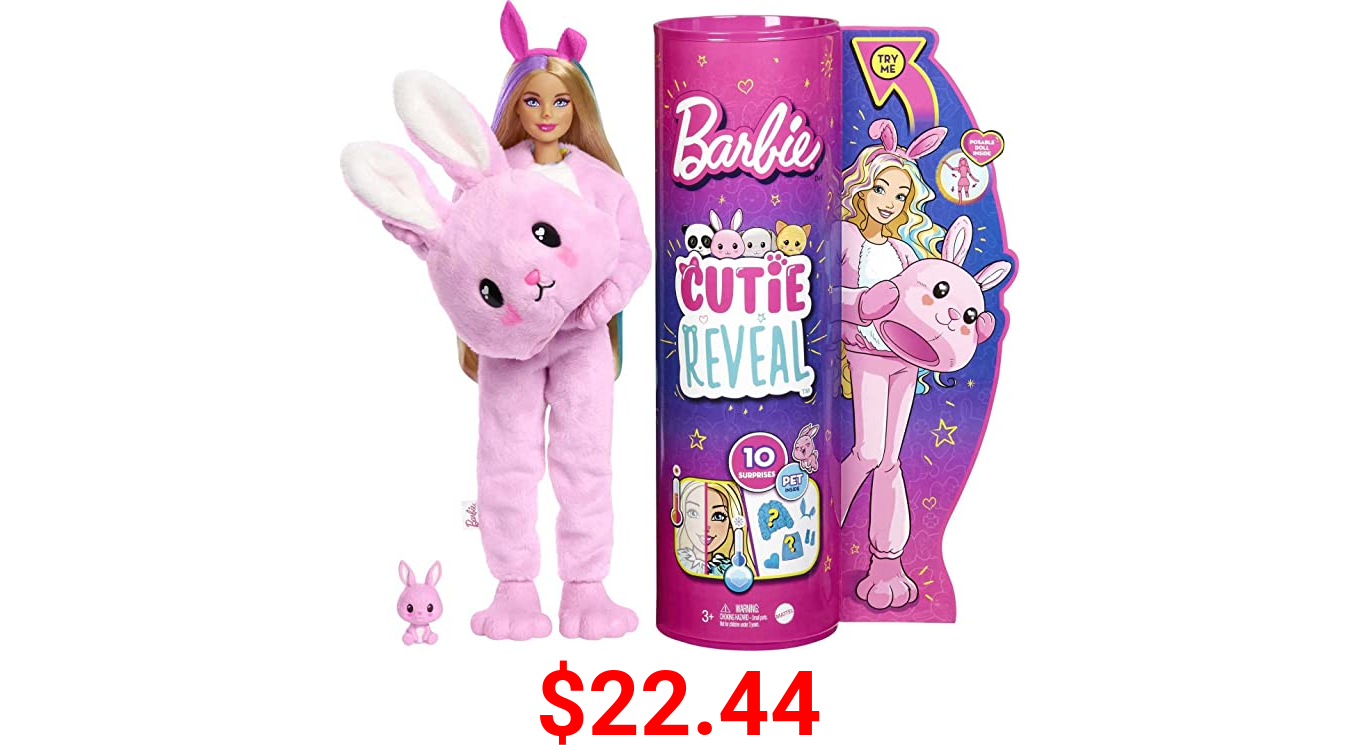 Barbie Cutie Reveal Doll with Bunny Plush Costume & 10 Surprises Including Mini Pet & Color Change, Gift for Kids 3 Years & Older