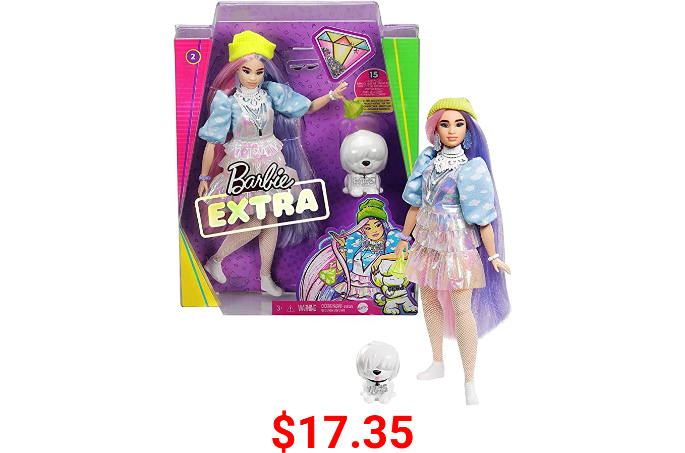 Barbie Extra Doll #2 in Shimmery Look with Pet Puppy, Pink & Purple Fantasy Hair, Layered Outfit & Accessories Including Neon Beanie, Multiple Flexible Joints, Gift for Kids 3 Years Old & Up