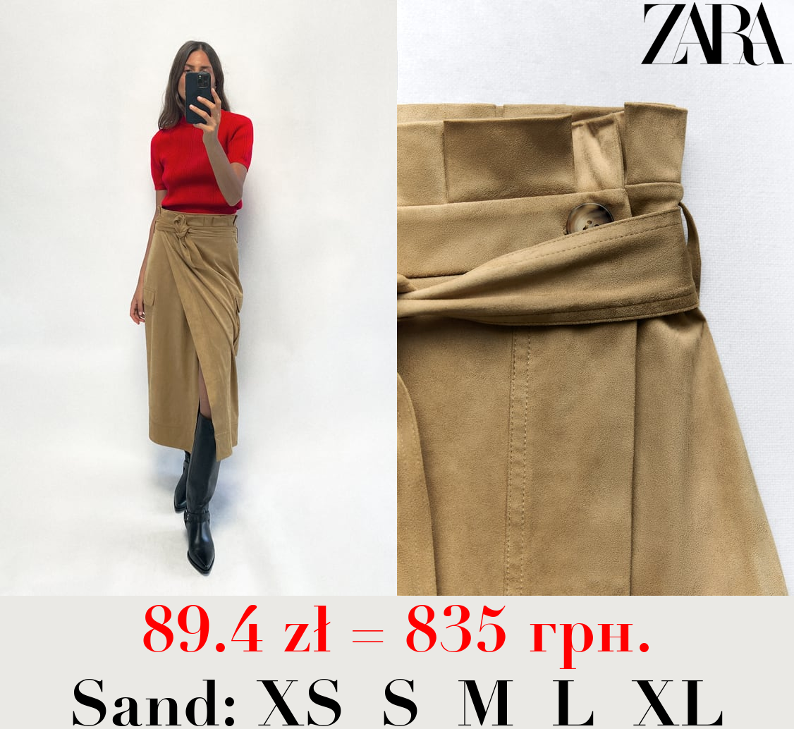 FAUX SUEDE PAPERBAG MIDI SKIRT